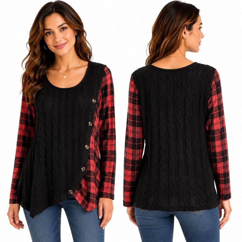 Suzanne Betro Plaid Button Front Sweater 1X